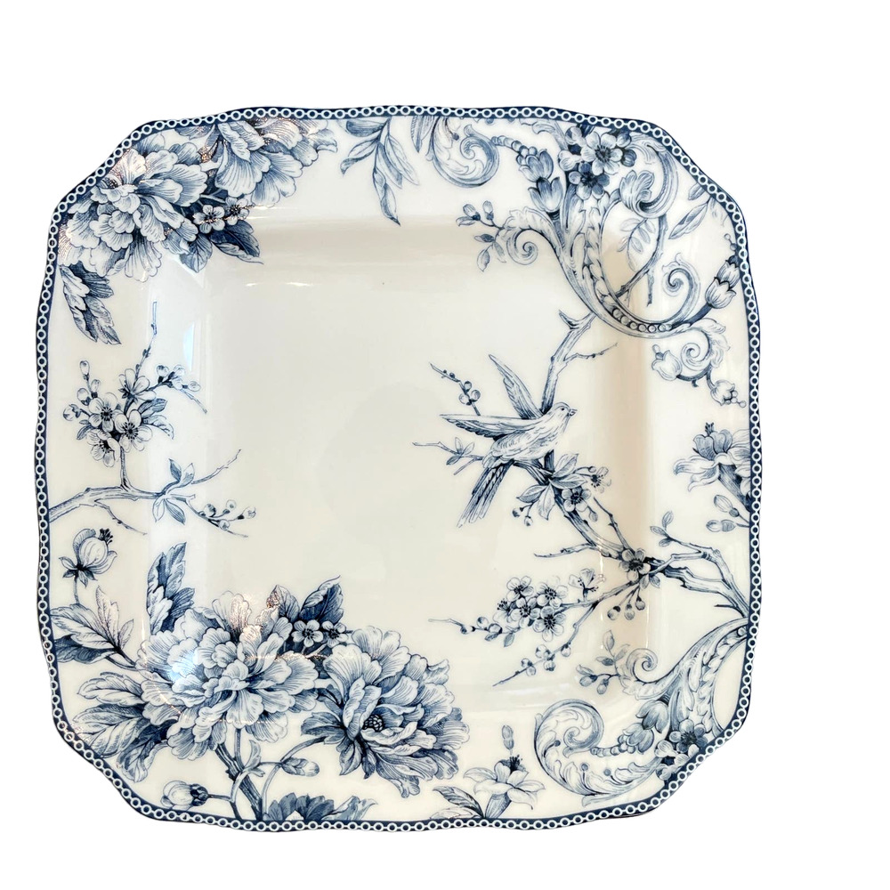 222 Fifth ADELAIDE BLUE Dinner Plates 11in Square Floral Bird Set of 4 NEW